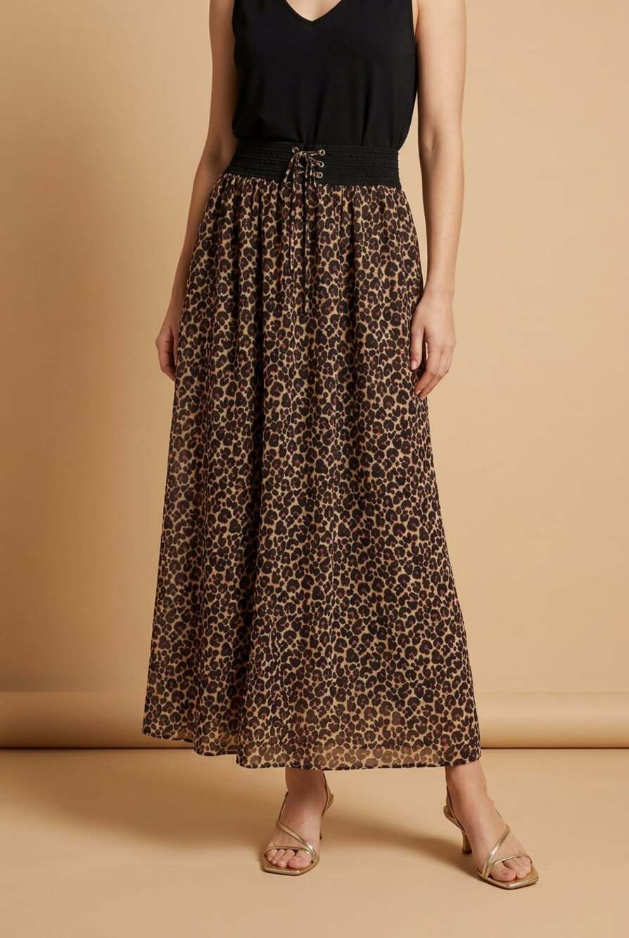 Adam Levine Women's Leopard Print Maxi Skirt with Corset Lace-Up Waist Detail me